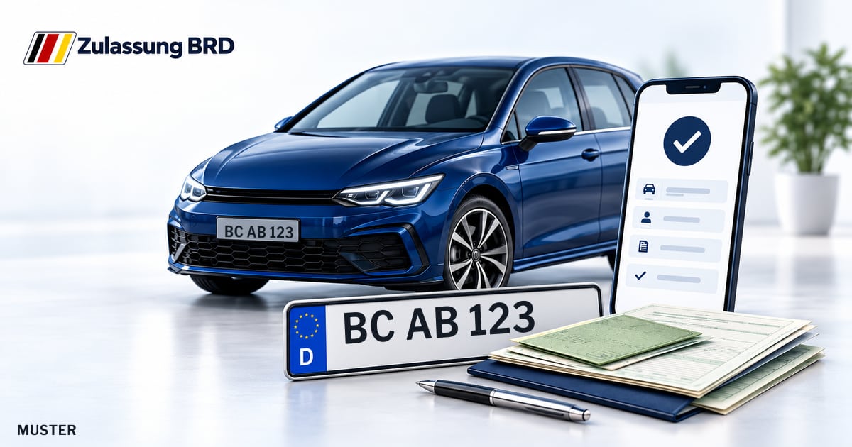 Online Fahrzeugzulassung in Landkreis Biberach: Musterkennzeichen BC AB 123, Auto und Fahrzeugpapiere und Smartphone. Illustration mit Logo von Zulassung BRD.
